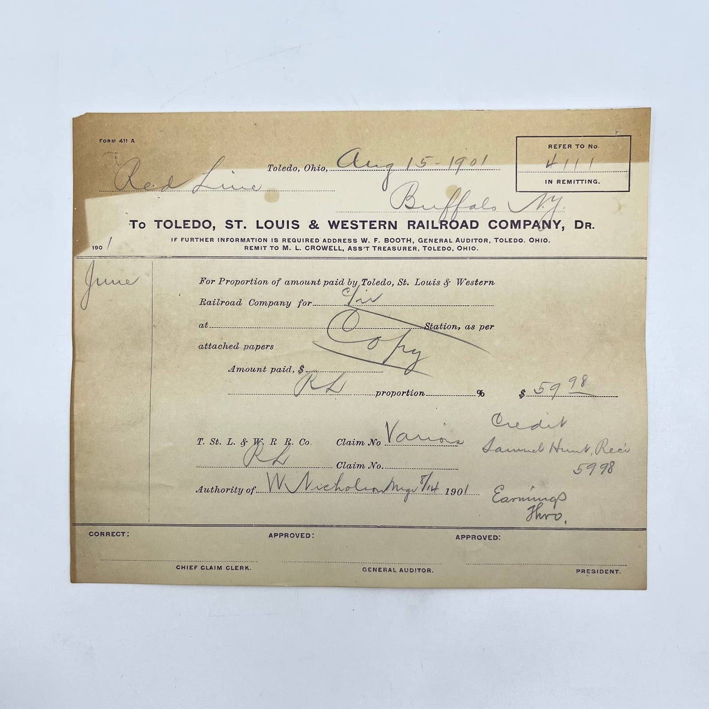 1901 Toledo, St. Louis & Western Railroad RR Billhead Receipt AA9