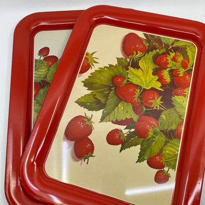 Vintage Set of 2 MCM Strawberry Toleware Tin Litho Trays 17.5 x 13” TI-1