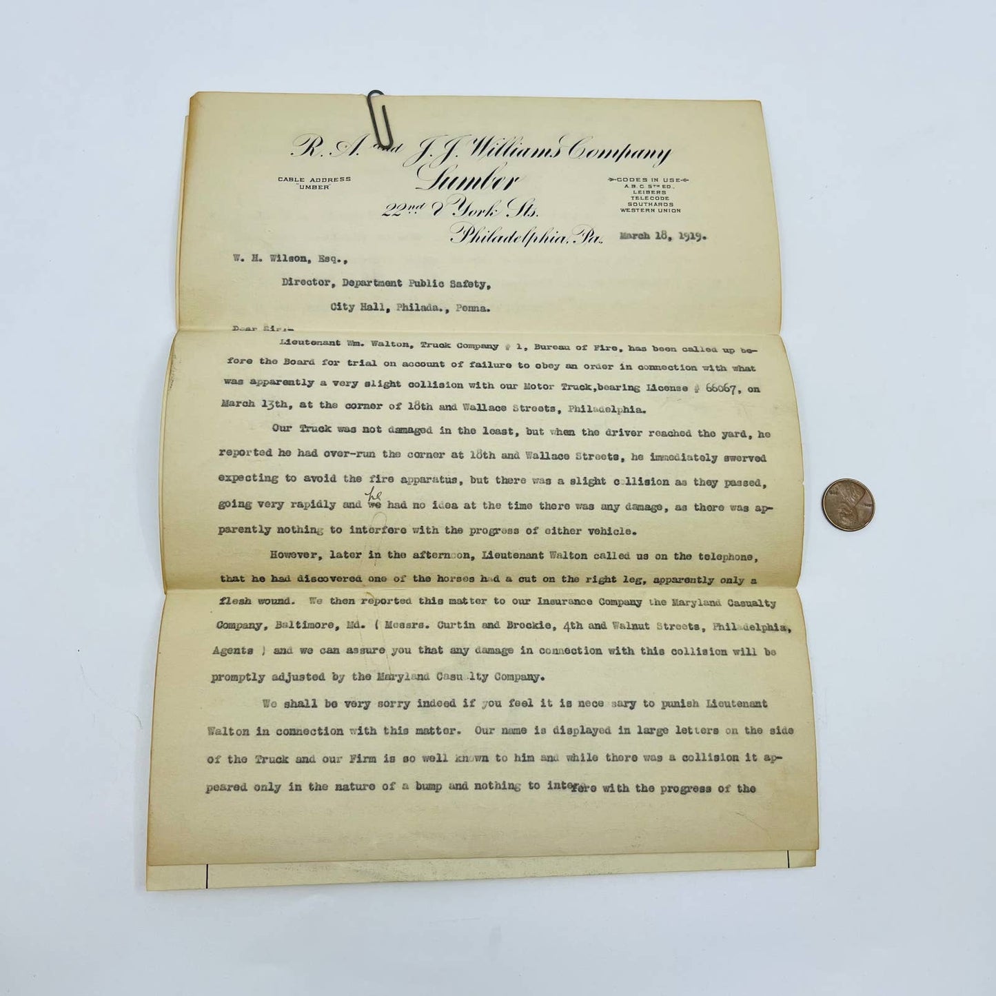 1919 Letter JJ Williams Lumber Co. & Philadelphia Bureau of Fire Department D2