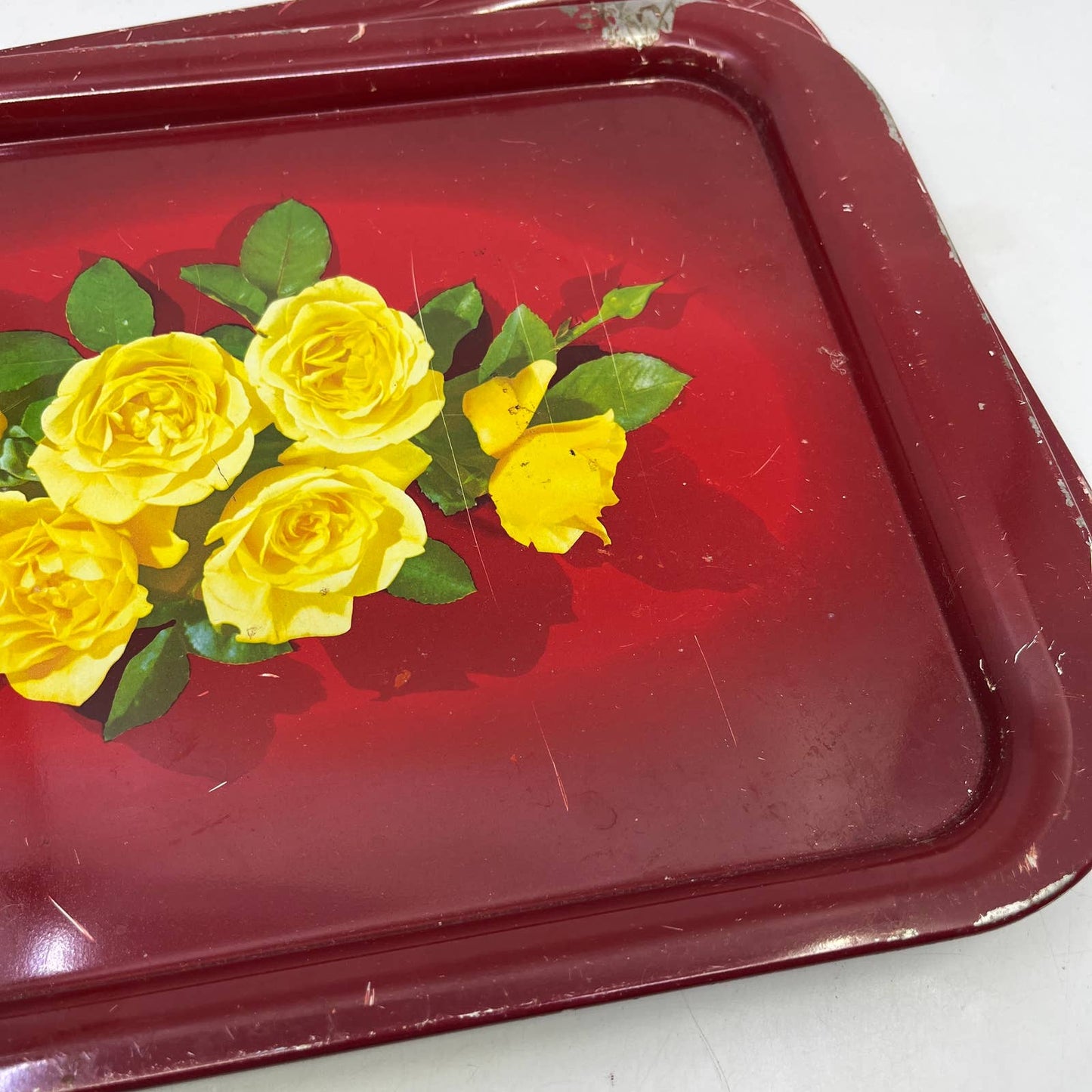 Vintage Toleware Red Metal Tray Yellow Rose Flowers 11x14" Set Of 3 TI4