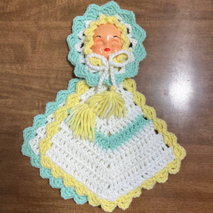 Vintage 1960s Crocheted Plastic Doll Face Pot Holders Green Yellow White TH6
