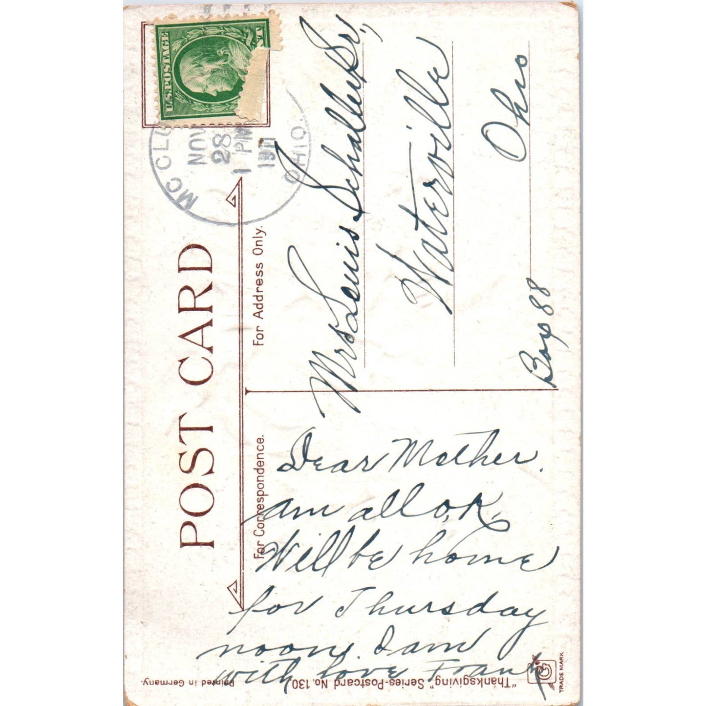 Thanksgiving Boy & Turkey Frances Brundage 1911 Original Postcard TK1-22