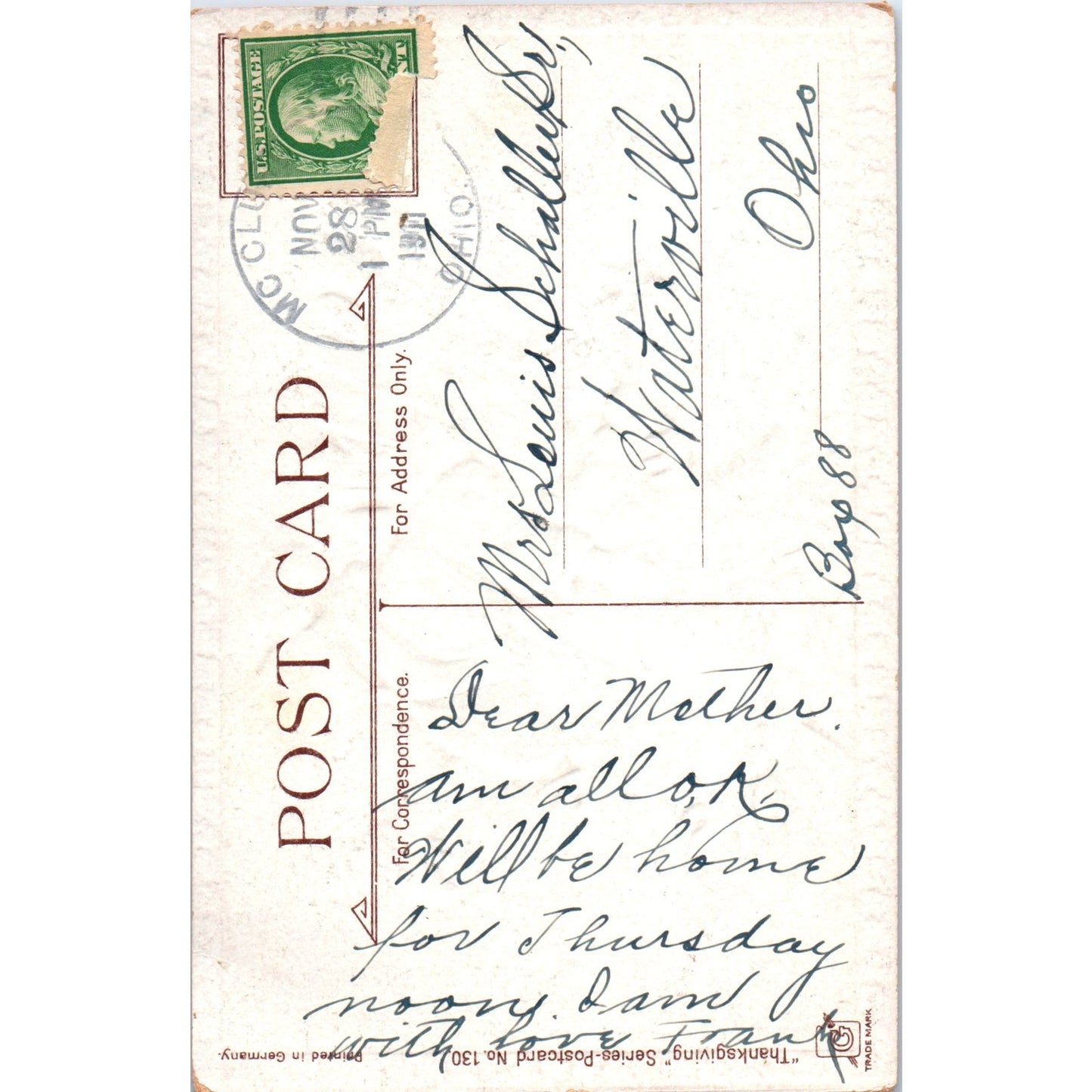 Thanksgiving Boy & Turkey Frances Brundage 1911 Original Postcard P1-14