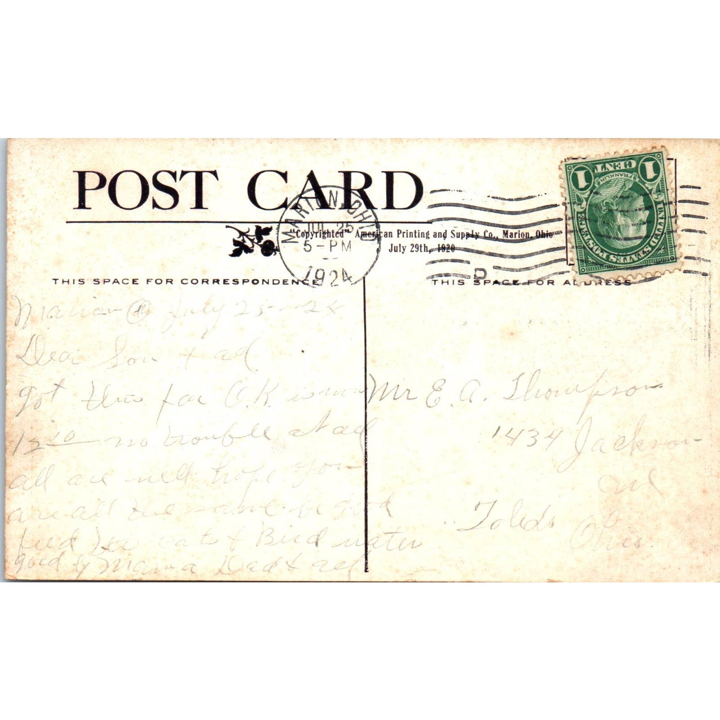 Waddell Children's Home Marion Ohio 1924 Original Postcard TK1-20