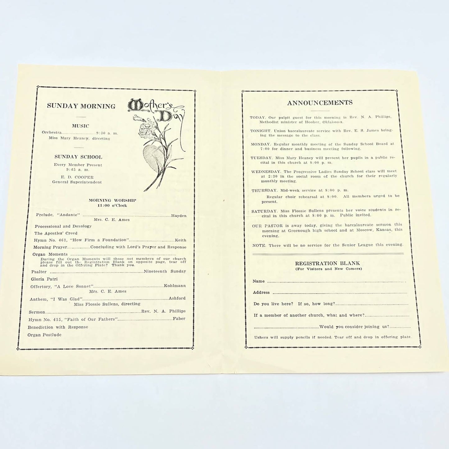 1929 First Methodist Episcopal Church Liberal KS Mother's Day Program AB8