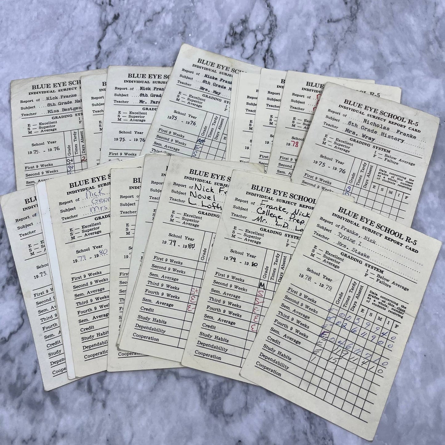 1973-80 Report Card Lot Nick Franke Blue Eye School MO EA4