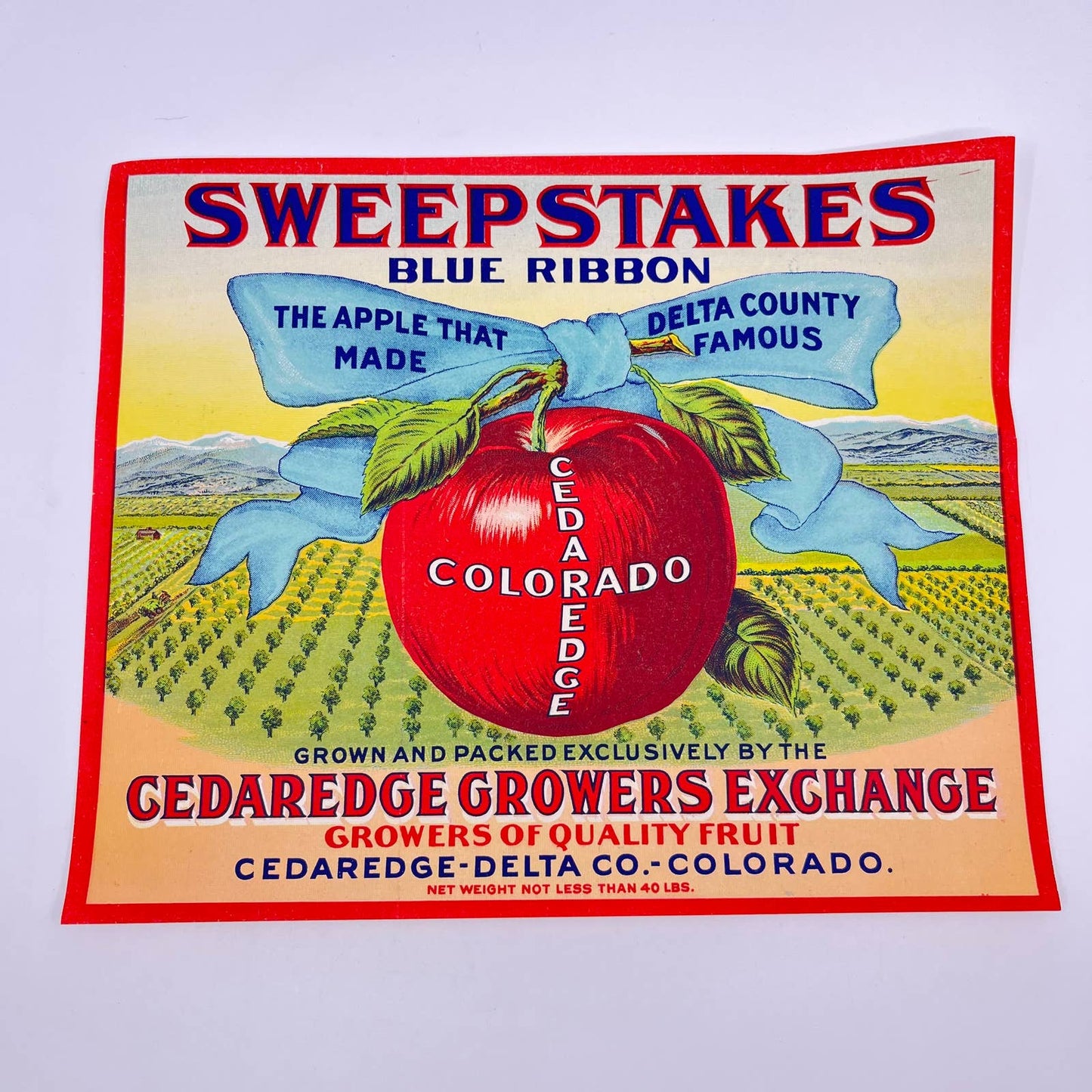 SWEEPSTAKES Cedaredge Delta Colorado Red Original Apple Crate Label FL3