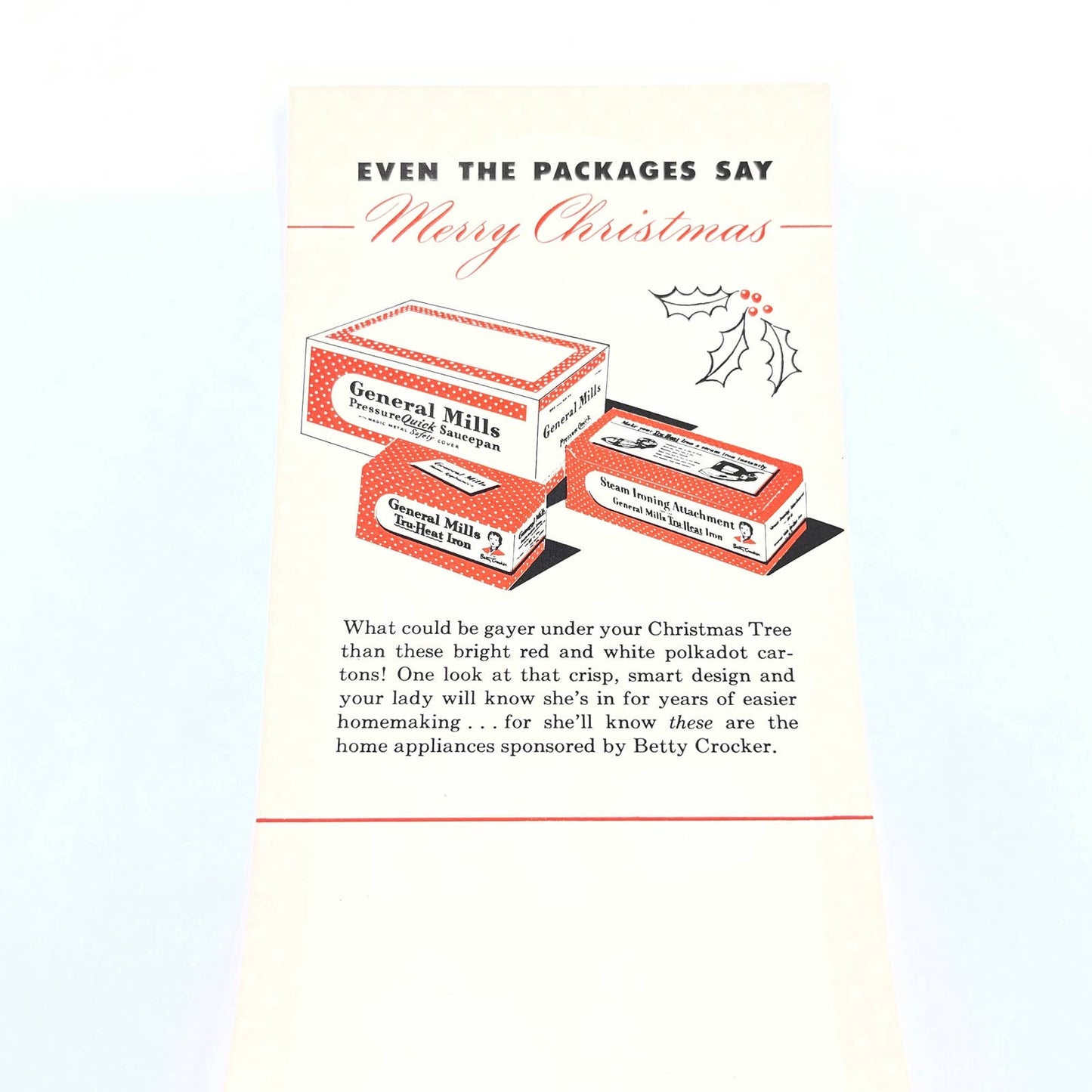 1944 Betty Crocker Christmas Ad Card Irons Pressure Quick Sauce Pan AC1