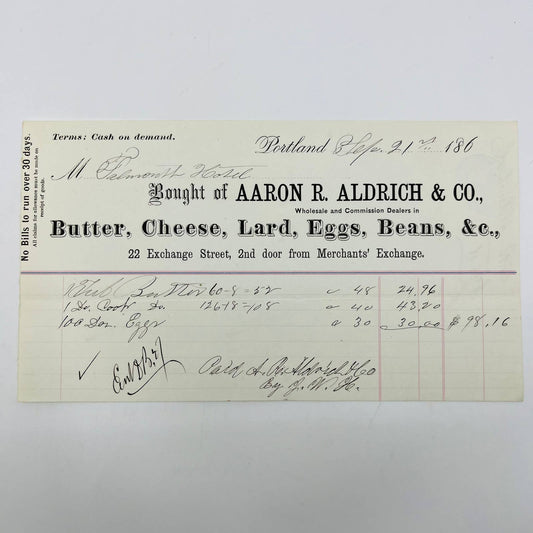 1868 Aaron R. Aldrich & Co. Portland ME Falmouth Hotel Stamp Billhead AA5