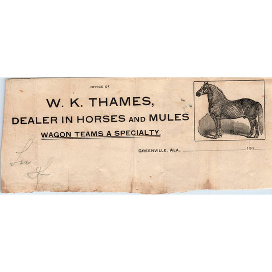 c1910 Letterhead W.K. Thames Dealer in Horses and Mules Greenville AL AD6