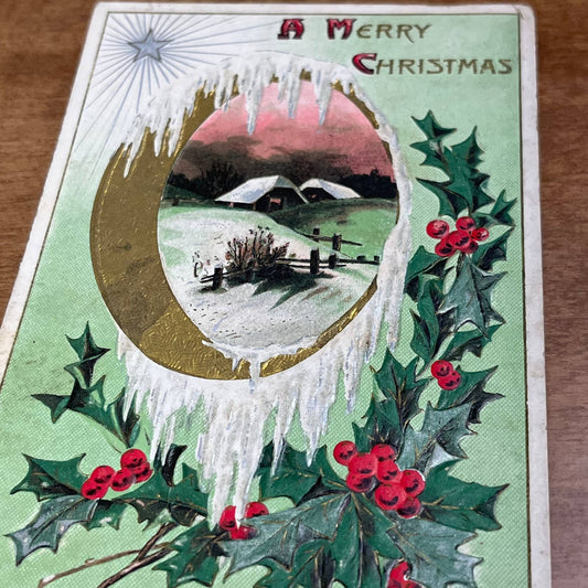 c1910 Embossed Gold Silver Star Holly Country Merry Christmas Postcard PA2