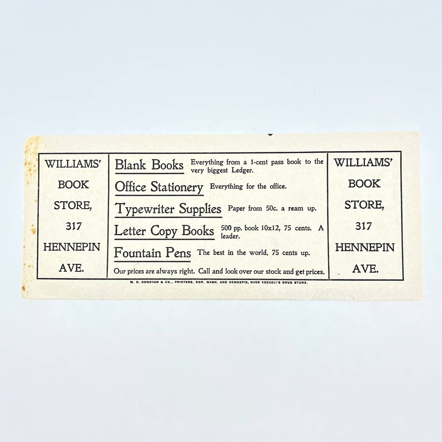 c1900 Blotter Williams Book Store Hennepin Ave Minneapolis MN AB8