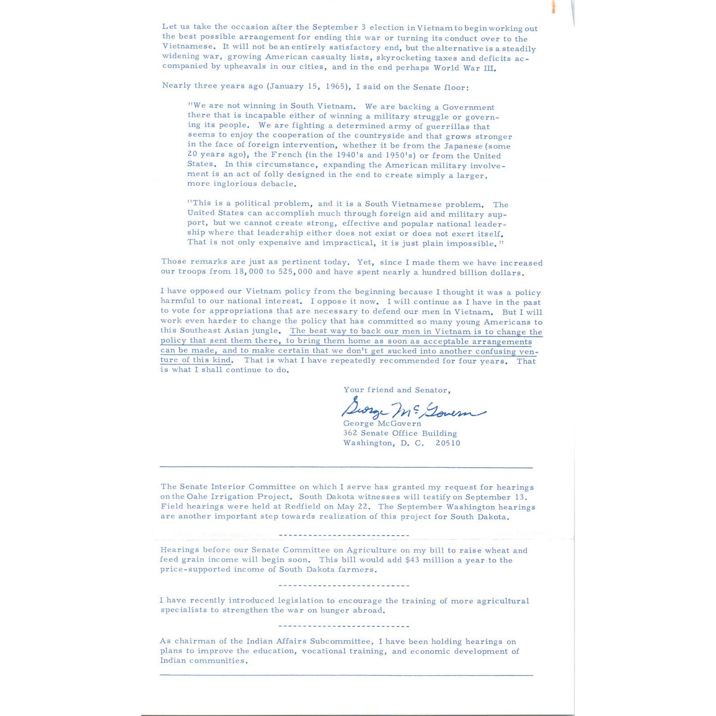 Senator George McGovern Reports Newsletter Aug 1967 Original TK1-P7