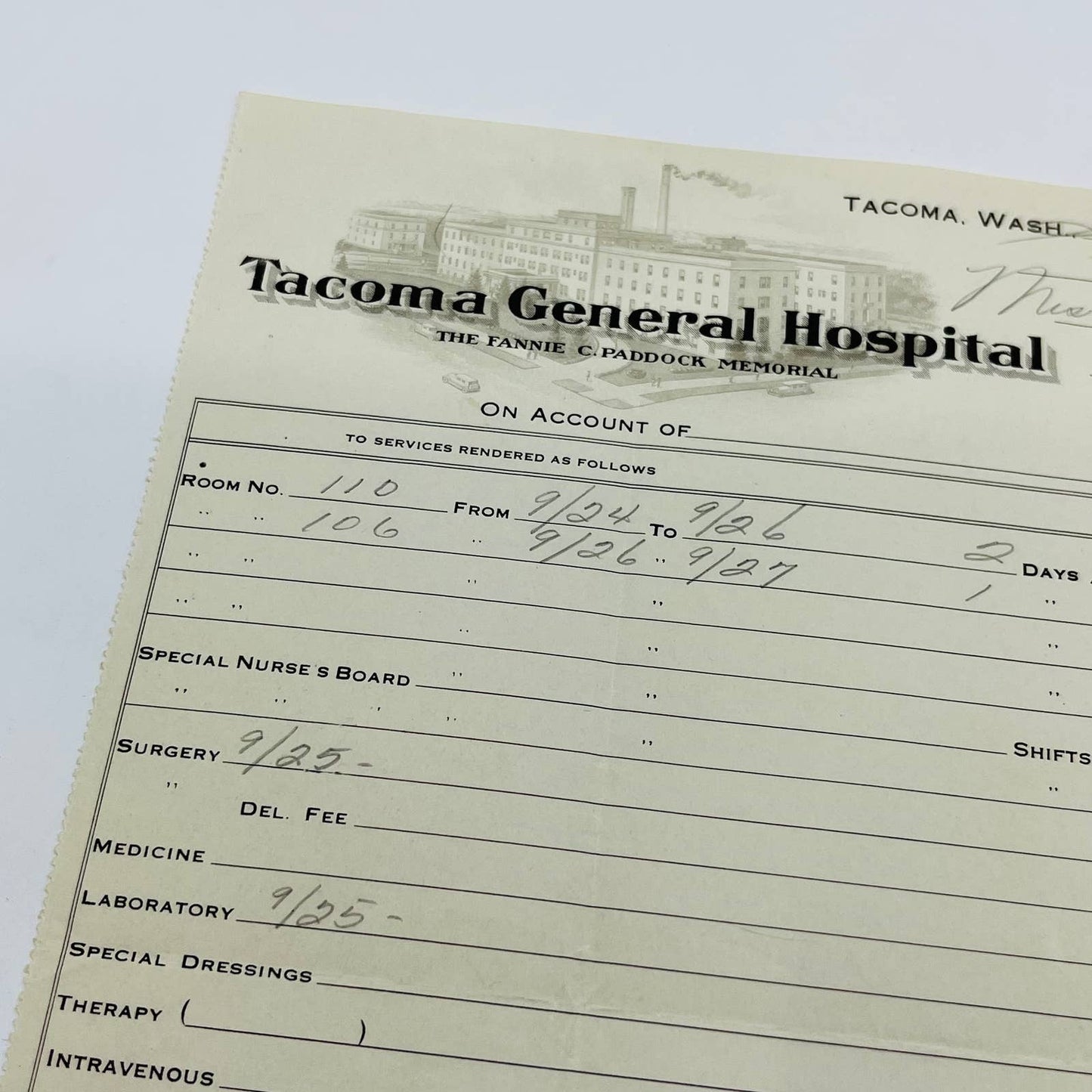 1940 Tacoma General Hospital Billhead Fannie Paddock Memorial Tacoma WA D1