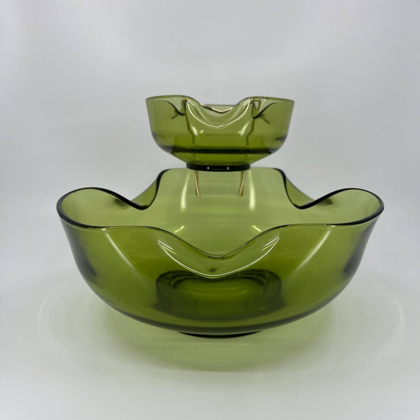 Vintage Anchor Hocking Pinched Avocado Green Glass Chip & Dip Set Bowl 9.25” TB3