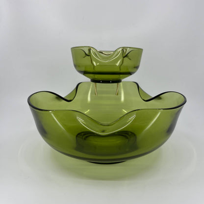 Vintage Anchor Hocking Pinched Avocado Green Glass Chip & Dip Set Bowl 9.25” TB3