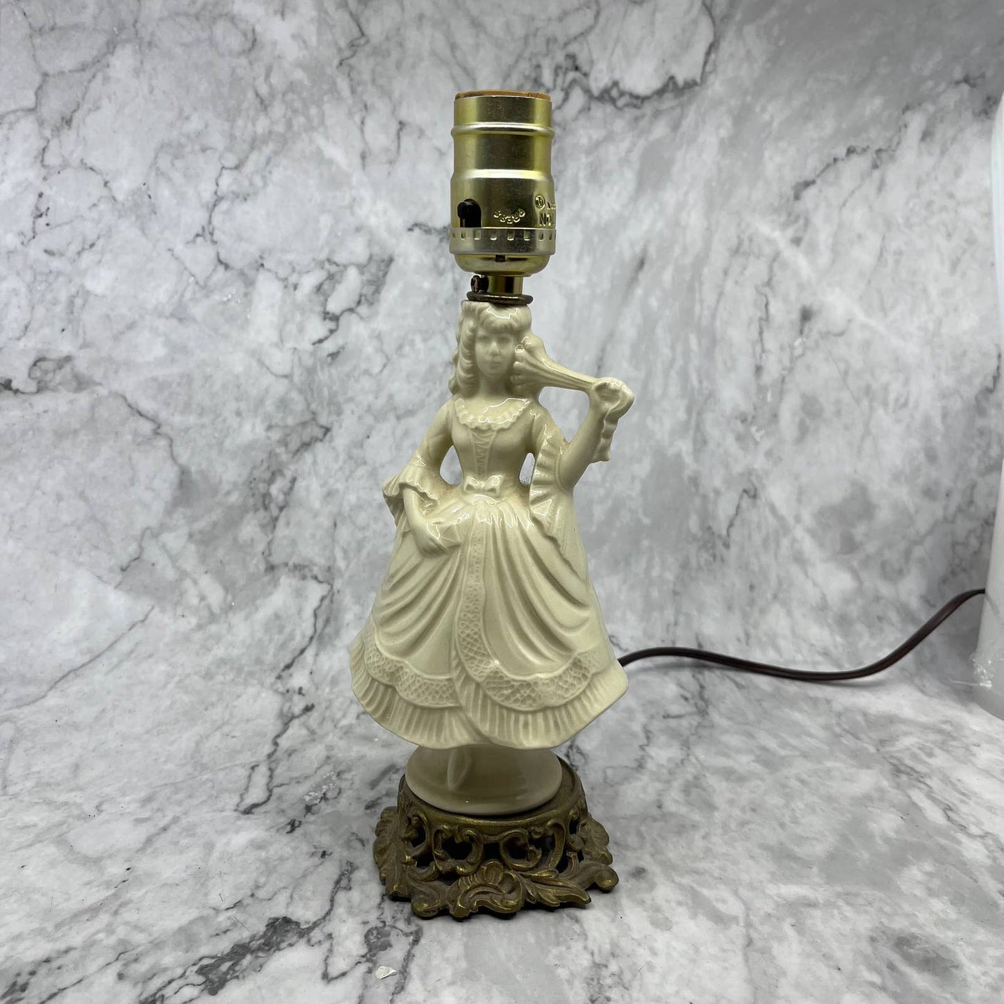 Antique Italian Bisque Porcelain Lamp & Shade Victorian Lady w/ Hoop Dress WORKS