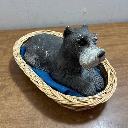 1981 Sandicast Hand Made Schnauzer Dog Sculpture w Basket Sandra Brue 8 x 4” TA1