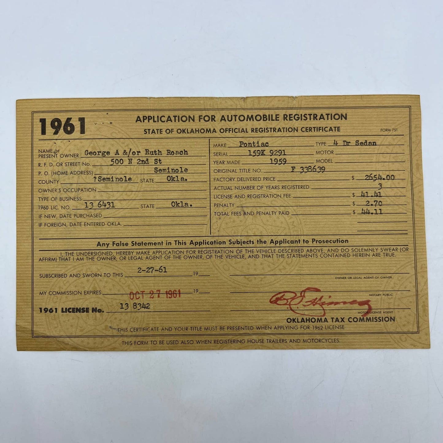 1961 Application for Automobile Registration George & Ruth Roach Seminole OK AC9