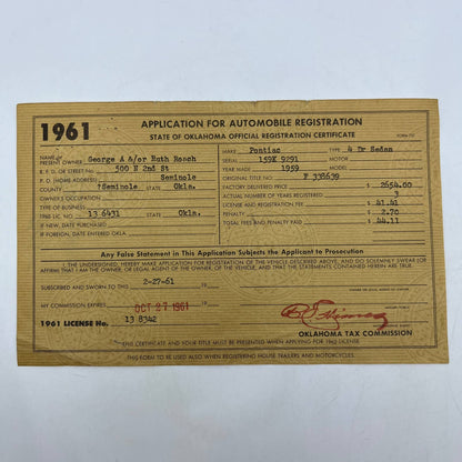 1961 Application for Automobile Registration George & Ruth Roach Seminole OK AC9