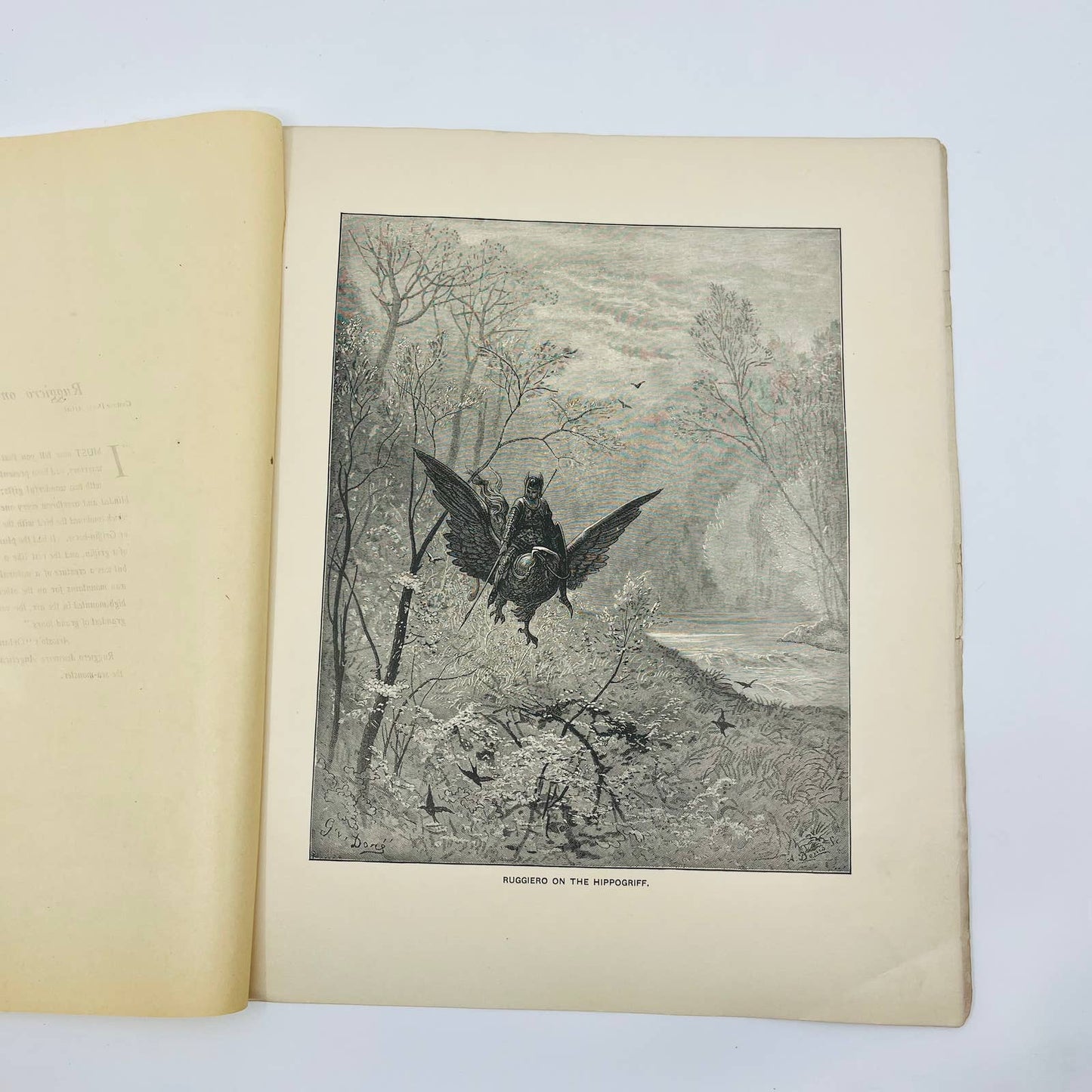 1880s Victorian Art Print Engraving RUGGIERO ON THE HIPPOGRIFF Gustavo Doré