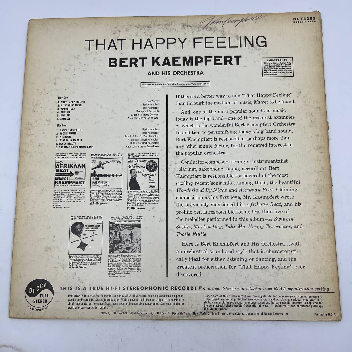 Bert Kaempert That Happy Feeling Record Autographed Signed Authenticated TH3