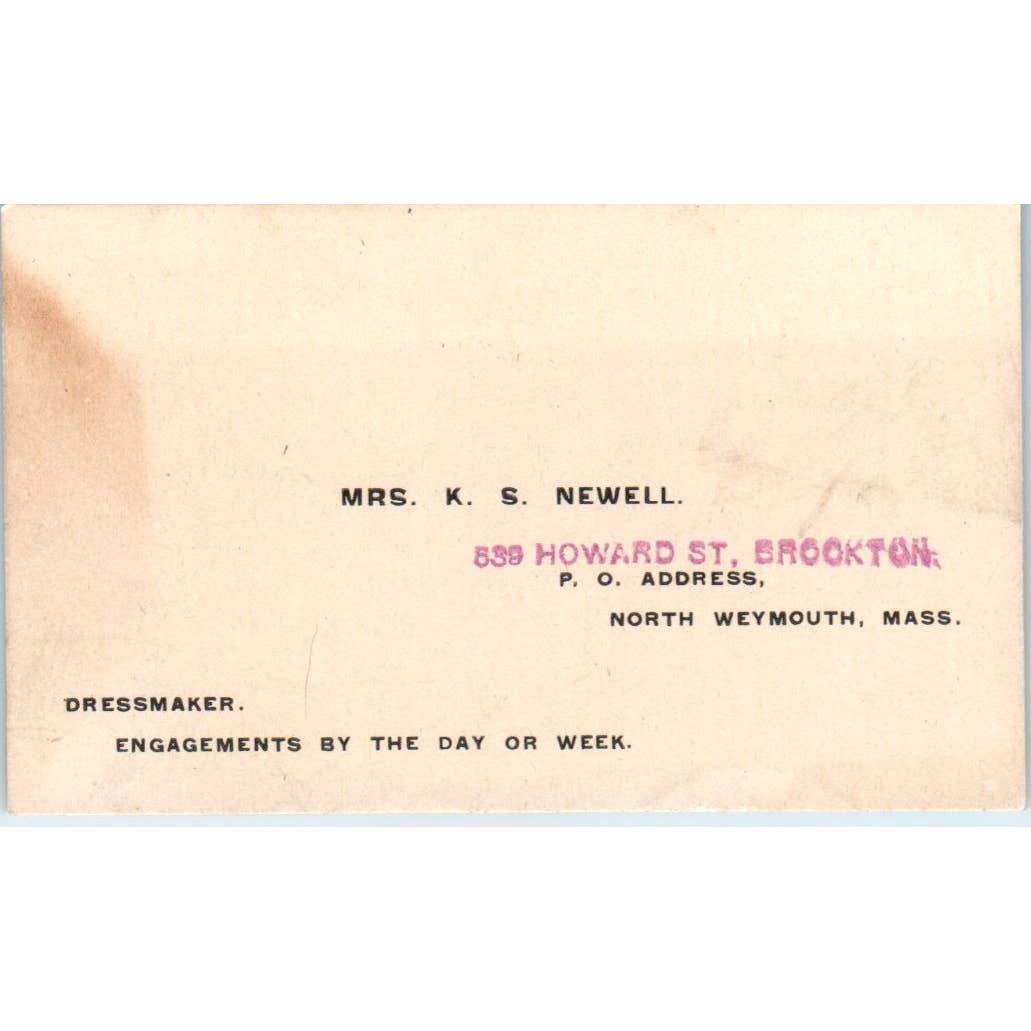 Mrs. K.S. Newell Dressmaker North Weymouth MA Vintage Business Card TK2-CC