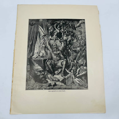 1880s Victorian Art Print Engraving  Cervantes DON QUIXOTE IN HIS STUDY Doré