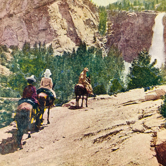 c1900 Stereoview Card Horses on the Trail to Nevada Falls Yosemite California
