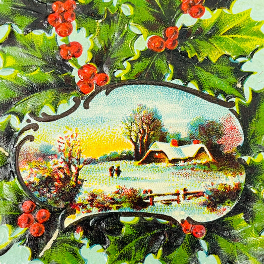 1910s Christmas Post Card Embossed Cottage Holly Sunset Snow Book PA4