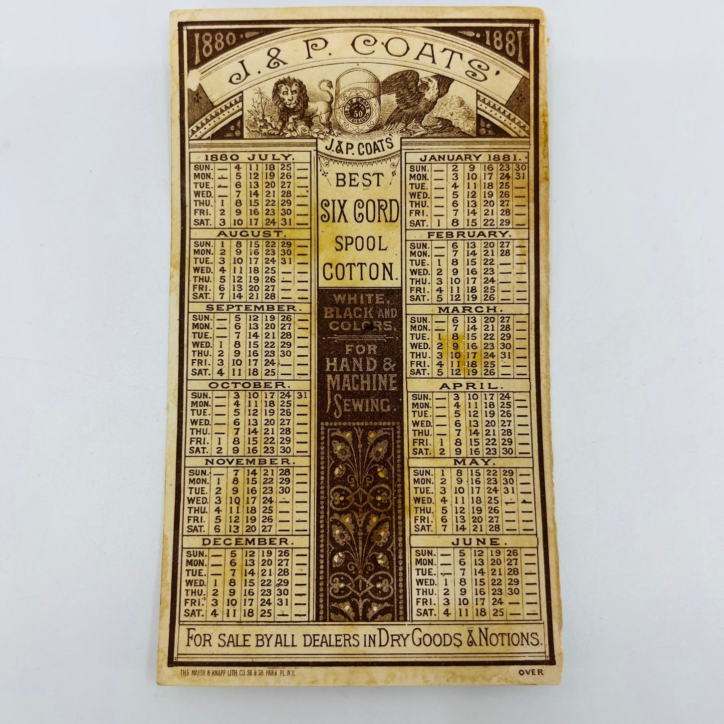 Victorian Trade Card JP Coats Thread Cleopatra’s Needle 1880 Calendar AH9-M10