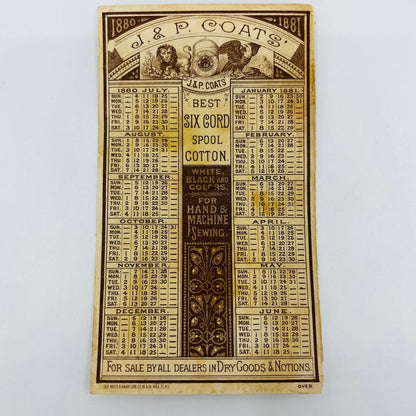 Victorian Trade Card JP Coats Thread Cleopatra’s Needle 1880 Calendar AH9-M10