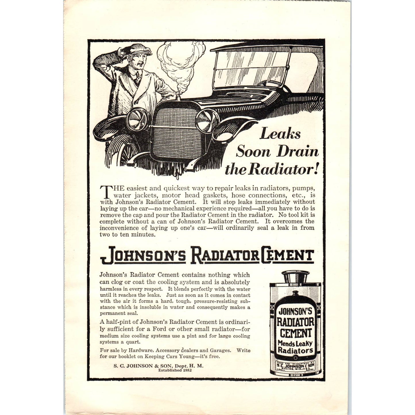 c1920 Harper's Magazine Ad - Johnson's Radiator Cement S.C. Johnson & Son EA3
