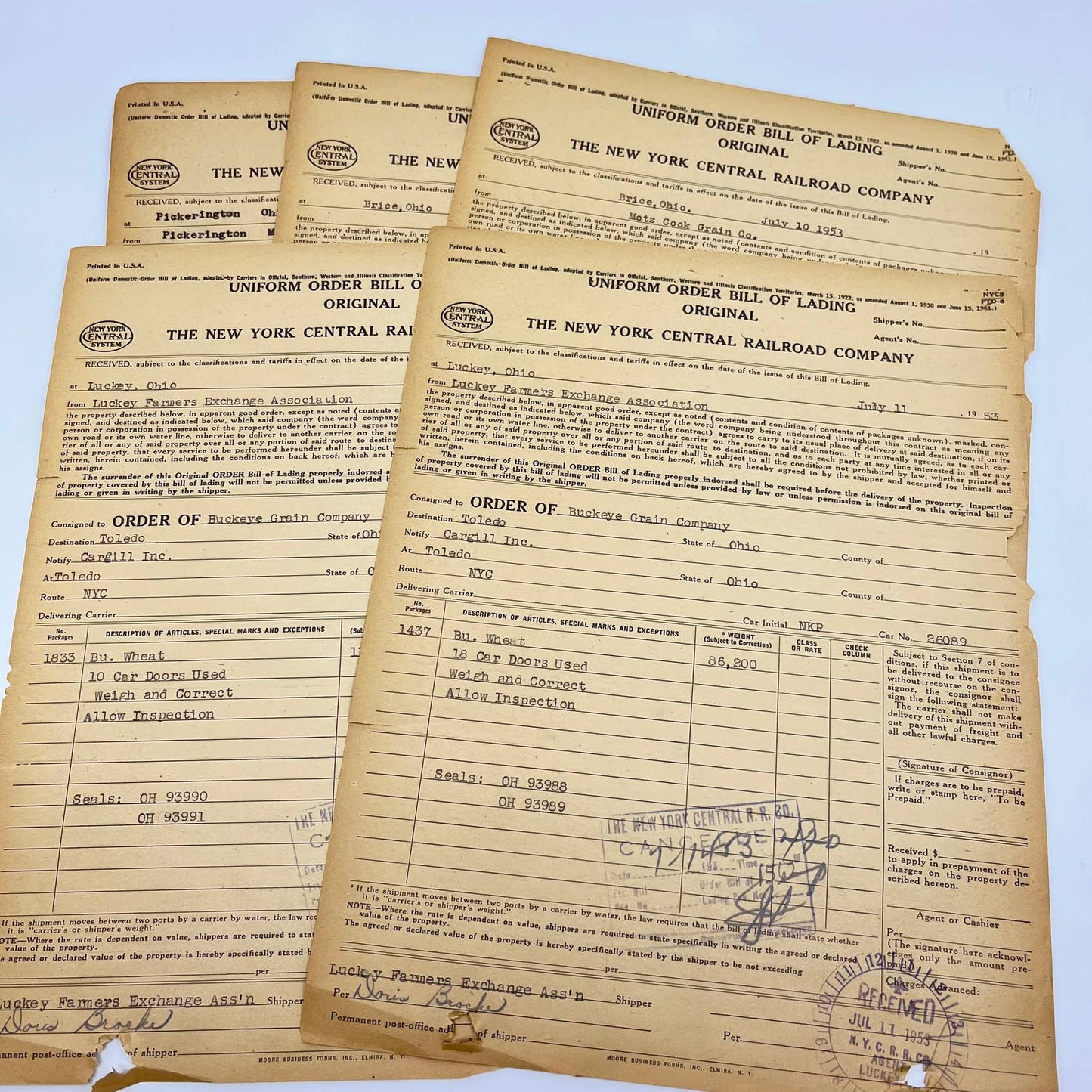 1953 The New York Central Railroad Co RR Original Bill of Lading Lot of 5 AB1-4
