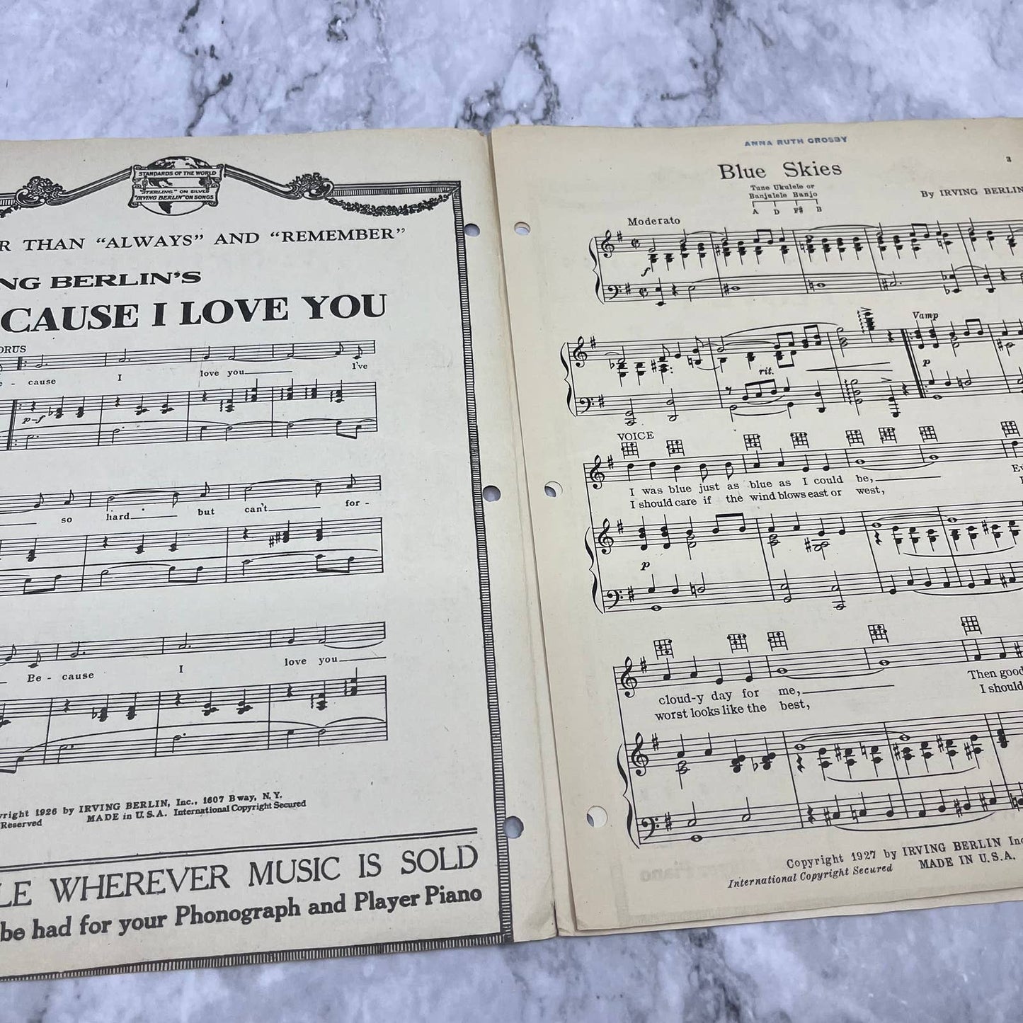 Vintage Sheet Music Blue Skies Irving Berlin 1927￼ TJ4