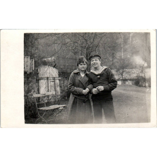 Antique Postcard RPPC Early Navy Sailor Posing With Young Woman SE8