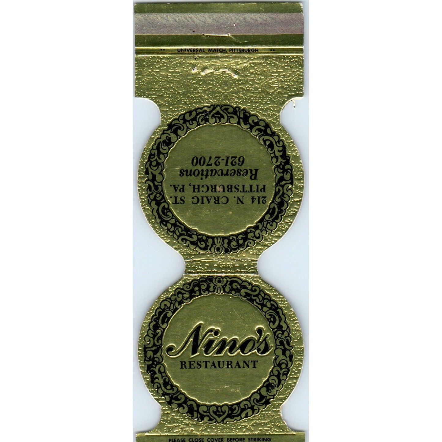 Nina's Restaurant Pittsburgh PA Die Cut Advertising Matchbook Cover SA6-M3