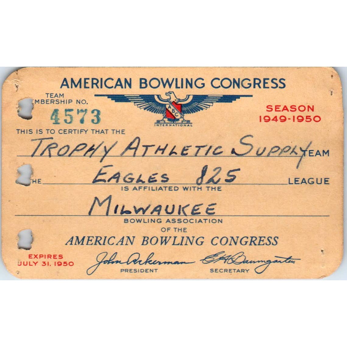1949 American Bowling Congress Milwaukee Membership Card Eagles 825 SE5-22