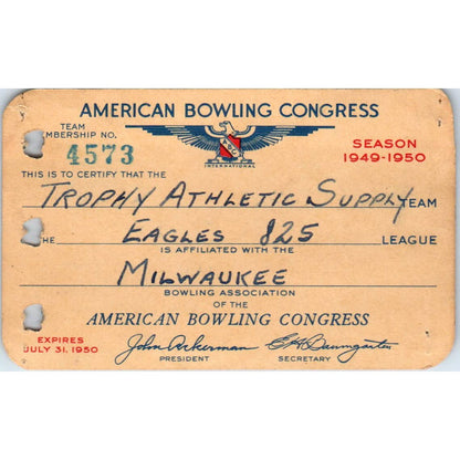 1949 American Bowling Congress Milwaukee Membership Card Eagles 825 SE5-22