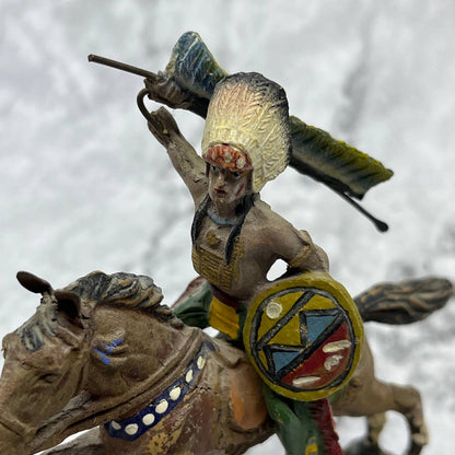 Vintage Elastolin Toy Figurine Germany Indian Chief Horse Spear War Bonnet TJ8