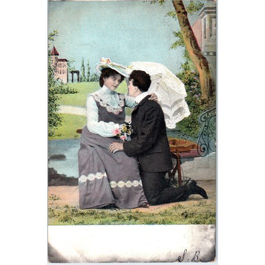 Romance Victorian Couple Courting Lady w Parasol 1906 Original Postcard P2-1-2