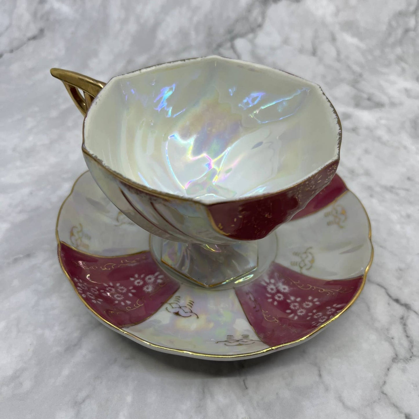 Vintage Lustreware Iridescent ￼Bone China Footed Pink Swirl Teacup & Saucer TA7