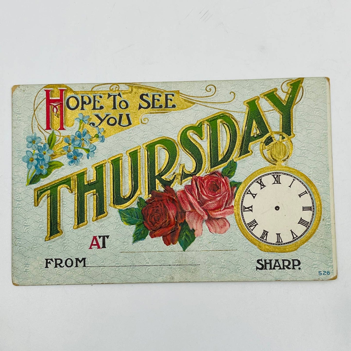 1910s Post Card THURSDAY Appointment Embossed Dresden Gilt Pocketwatch PA7