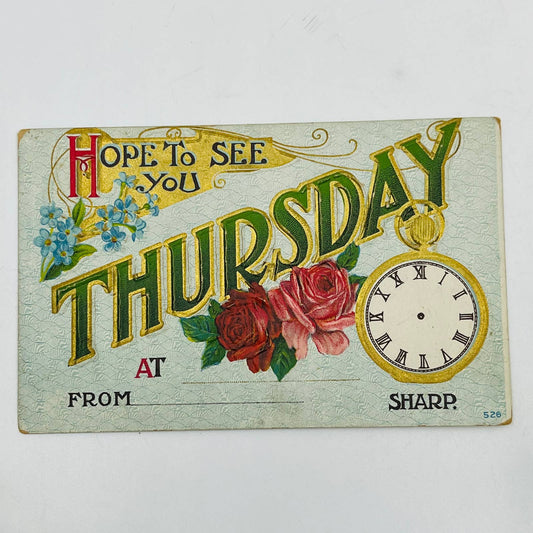 1910s Post Card THURSDAY Appointment Embossed Dresden Gilt Pocketwatch PA7