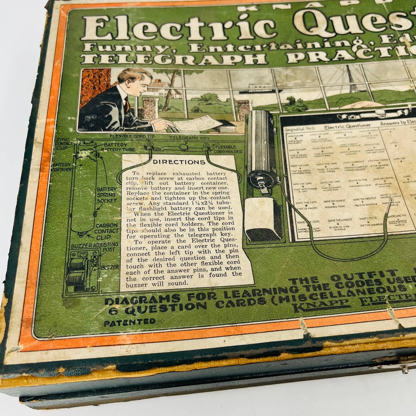 1920s Knapp Electric Questioner Educational Quiz Game Green Box BA3