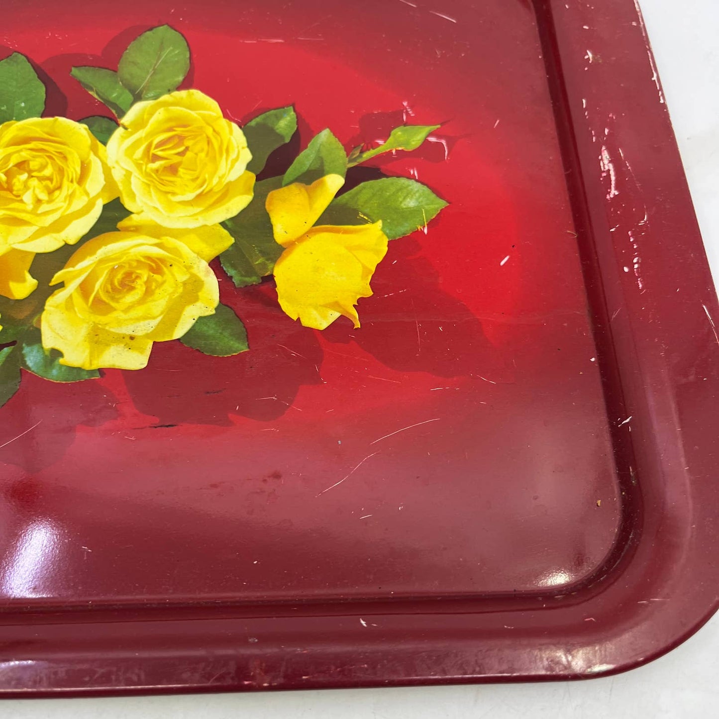 Vintage Toleware Red Metal Tray Yellow Rose Flowers 11x14" Set Of 3 TI4