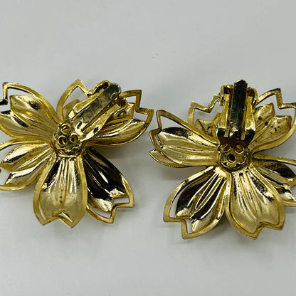 Vintage MCM Mod Gold Tone 3D Flower Clip Earrings SB2