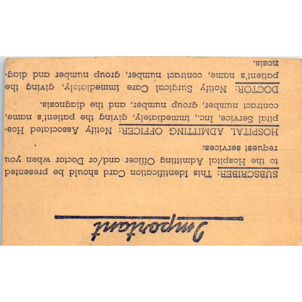 1947 Blue Cross Hospital & Surgical Care Plan Card Carl W.K. Anderson SE5