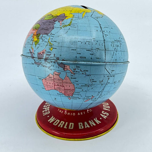 1950s Ohio Art Small Tin Globe Coin Bank World Bank 4" Globe Save & Prosper TE3