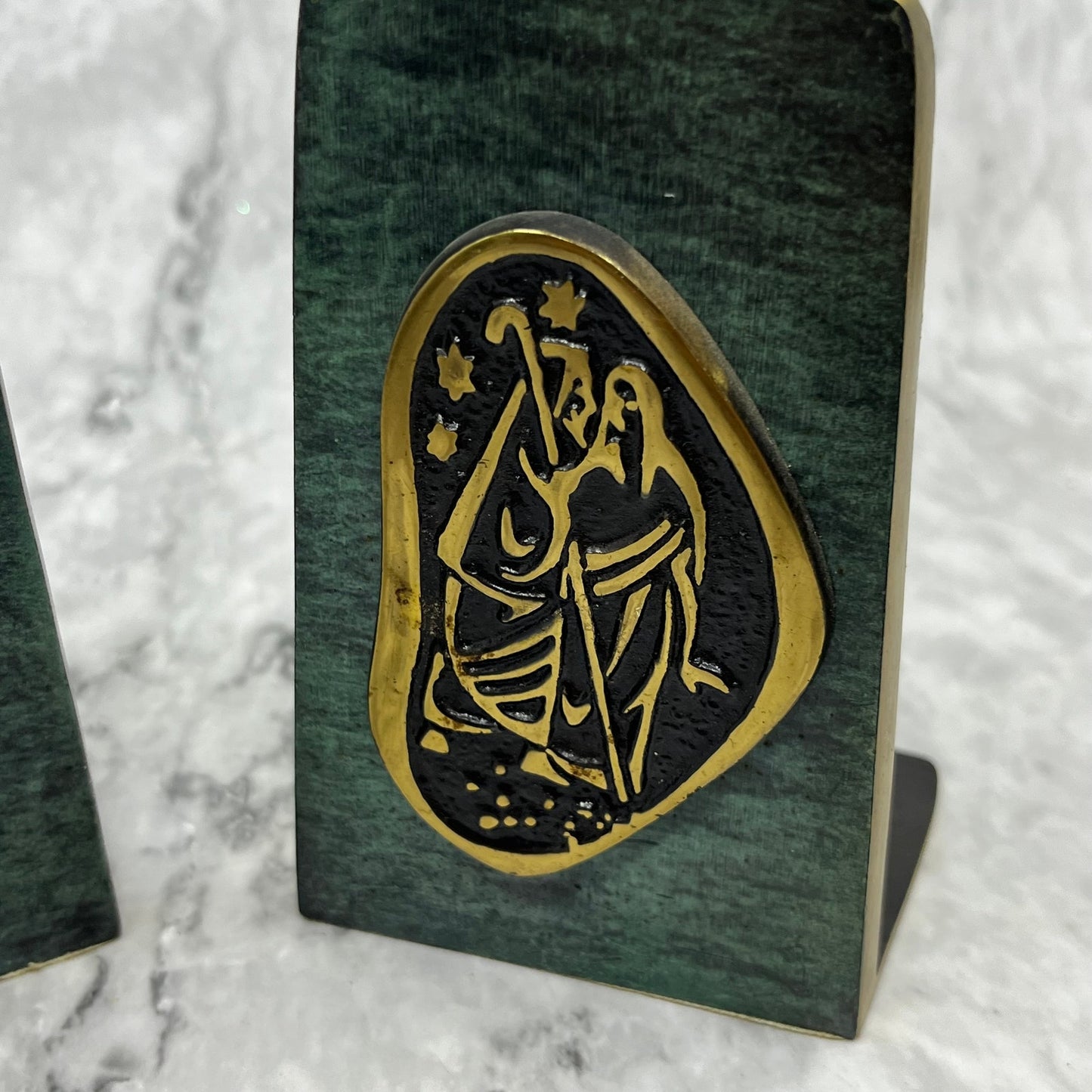 Dayagi Israel Green Burnished Enamel Brass Bookends Jesus Mary & Joseph TK3
